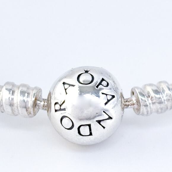 Vintage Pandora Sterling Silver Logo Barrel Clasp Charm Bangle Bracelet 7.25" - Picture 4 of 8